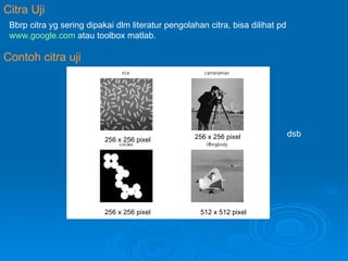 Citra Uji Bbrp citra yg sering dipakai dlm literatur pengolahan citra, bisa dilihat pd  www.google.com  atau toolbox matlab. Contoh citra uji   dsb 256 x 256 pixel 256 x 256 pixel 256 x 256 pixel 512 x 512 pixel 