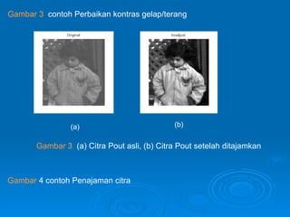 Gambar 3   (a) Citra Pout asli, (b) Citra Pout setelah ditajamkan (a) (b) Gambar 3   contoh Perbaikan kontras gelap/terang Gambar  4 contoh Penajaman citra 