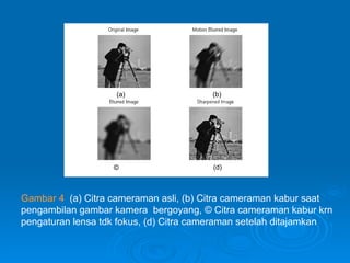 Gambar 4   (a) Citra cameraman asli, (b) Citra cameraman kabur saat pengambilan gambar kamera  bergoyang, © Citra cameraman kabur krn pengaturan lensa tdk fokus, (d) Citra cameraman setelah ditajamkan (a) (b) © (d) 
