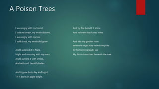 A Poison Trees
I was angry with my friend:
I told my wrath, my wrath did end.
I was angry with my foe:
I told it not, my wrath did grow.
And I watered it in fears,
Night and morning with my tears;
And I sunned it with smiles,
And with soft deceitful wiles.
And it grew both day and night,
Till it bore an apple bright.
And my foe beheld it shine.
And he knew that it was mine,
And into my garden stole
When the night had veiled the pole;
In the morning glad I see
My foe outstretched beneath the tree.
 