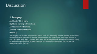 Discussion
1. Imagery
And I water’d it in fears,
Night and morning with my tears;
And I sunned it with smiles,
And with soft deceitful wiles.
(Stanza 2)
The imagery can be seen in the second stanza. How he's describing how he "tended" to his wrath
at this point takes the shape of a plant...that you water and have to give it the right amount of
sun. The "tears" and "fears", "Smiles" and "wiles" are all metaphorical references to not only caring
for a plant but also but how to keep the anger in a person from dying out. You can see the
speaker caring for the tree.
 