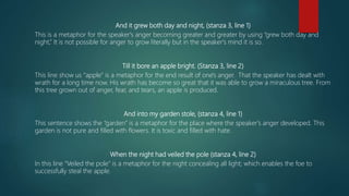 And it grew both day and night, (stanza 3, line 1)
This is a metaphor for the speaker's anger becoming greater and greater by using “grew both day and
night,” It is not possible for anger to grow literally but in the speaker's mind it is so.
Till it bore an apple bright. (Stanza 3, line 2)
This line show us “apple” is a metaphor for the end result of one's anger. That the speaker has dealt with
wrath for a long time now. His wrath has become so great that it was able to grow a miraculous tree. From
this tree grown out of anger, fear, and tears, an apple is produced.
And into my garden stole, (stanza 4, line 1)
This sentence shows the “garden” is a metaphor for the place where the speaker's anger developed. This
garden is not pure and filled with flowers. It is toxic and filled with hate.
When the night had veiled the pole (stanza 4, line 2)
In this line “Veiled the pole” is a metaphor for the night concealing all light; which enables the foe to
successfully steal the apple.
 