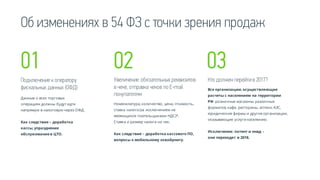 Об изменениях в 54 ФЗ с точки зрения продаж
Кто должен перейти в 2017?Подключениек оператору
фискальных данных (ОФД)
Увеличение обязательных реквизитов
в чеке, отправка чеков по E-mail
покупателям
Данные о всех торговых
операциях должны будут идти
напрямую в налоговую через ОФД.
Как следствие – доработка
кассы, упразднение
обслуживаниев ЦТО.
Номенклатура, количество, цена, стоимость,
ставка налога (за исключением не
являющихся плательщиками НДС)*.
Ставка и размер налога на чек.
Как следствие – доработка кассового ПО,
вопросы к мобильному эквайрнигу.
Все организации, осуществляющие
расчеты с населением на территории
РФ: розничные магазины различных
форматов, кафе, рестораны, аптеки, АЗС,
юридические фирмы и другие организации,
оказывающие услуги населению.
Исключения: патент и енвд –
они переходят в 2018.
01 02 03
 