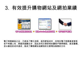 3. 有效提升購物網站及網拍業績
電子商務創始之出，乃是為了簡化流程、進而節省成本，但現在電子商務業者發現
若不考慮人性，將越來越難生存，因此如何方便即時的讓客戶詢問確認、甚至議價、
並以最低的成本達成，就成了購物網站或網拍的主要增加服務的方向
 