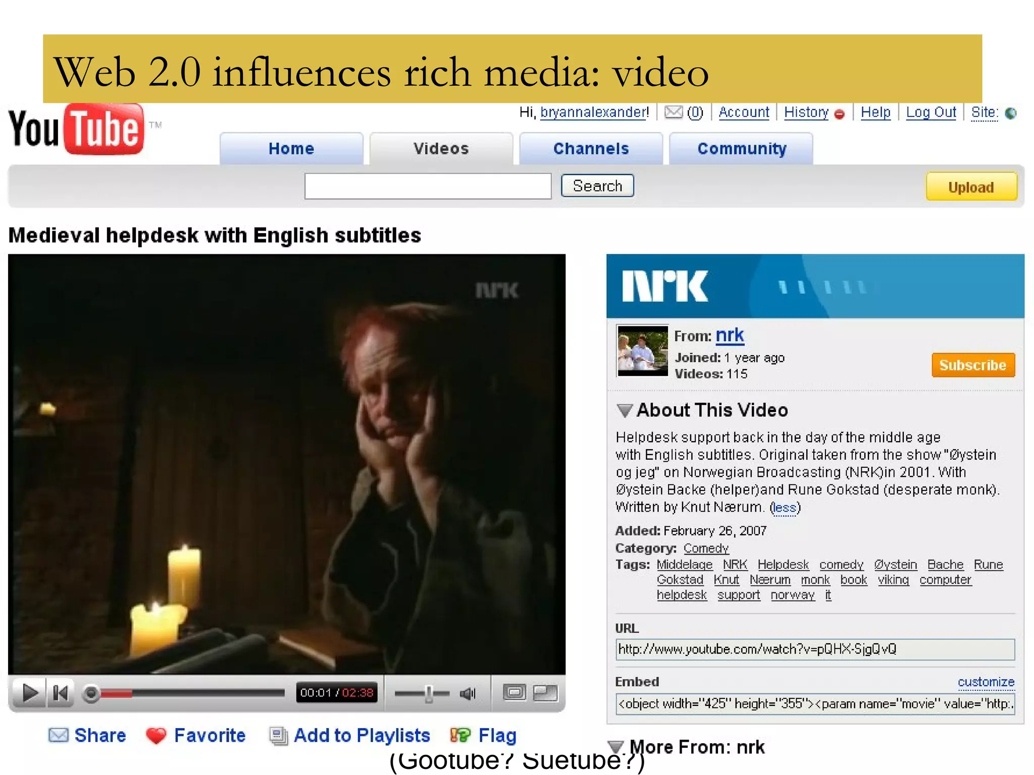 Web 2.0 influences rich media: video (Gootube? Suetube?) 