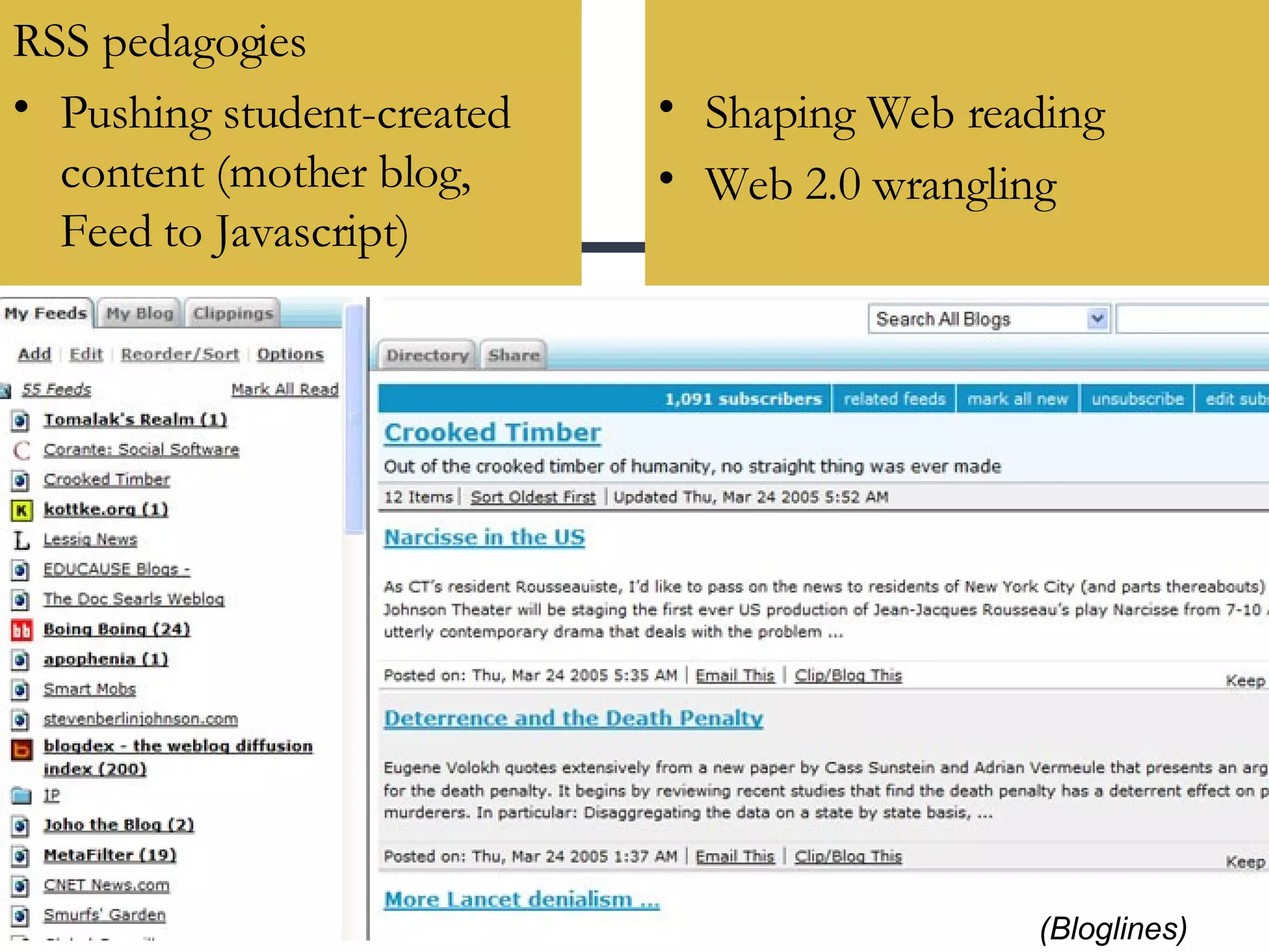 RSS pedagogies Pushing student-created content (mother blog, Feed to Javascript) (Bloglines) Shaping Web reading Web 2.0 wrangling 