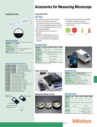 I-21
Order No. 176-211 378-018 176-212A 378-016A 378-216A
Observation
type
BD BF BD BF BF
No. of
objective
mounts
4-mount 4-mount 4-mount 4-mount 5-mount
Driving
method Manual Motor
Dimensions
(W x D x H)
— —
Turret: 6.5 x 2.6 x 5.4"
164 x 65 x 137
Control Box: 4.1 x 3 x 7.6"
108 x 72 x 193
Accessories for Measuring Microscope
SPECIFICATIONS
Order No. 375-056
Range 1mm
Graduations 0.01mm
Accuracy (at 20˚C) (1+L)µm, L = Measuring length (mm)
Dimensions (WxD) 3" x 1" / 76 x 26mm
Mass 16g
Focus Pilot FP-05
FEATURES
•	By installing this system on the camera
mount of an MF series measuring
microscope and projecting the focusing
chart onto the workpiece surface, the focal
point can be detected with high-accuracy
and high-repeatability.
•	The brightness of the chart can be
adjusted.
•	A wide view field observation on the
monitor is made possible with the use
of a CCD camera (C-mount adapter is
included.)
SPECIFICATIONS
Order No. 375-057A 375-058A 375-067A 375-068A
Applicable
microscopes
MF D models MF-U D models
Light source Green LED Red LED Green LED Red LED
Magnification 0.5X, Accuracy: 0.1%**
Camera
adapter
C-mount (provided)
Applicable
CCD camera
Up to 2/3-inch
Mass 4lbs / 1.8kg
**	Within 2/3 area from the center of view field
Stage Micrometer
Concentric circle
•	Four types of chart patterns are available.
The pattern should be selected in
accordance with the type of workpiece
surface texture.
Power Focus Unit
SPECIFICATIONS
SPECIFICATIONS
Order No. Please contact us
Applicable microscopes MF-D models, MF-UD models
Resolution 0.4µm
Drive speed 3.2mm/s
Power supply 100 - 240V AC, 50/60Hz
Dimensions (WxDxH) Control box: 4.1 x 3 x 7.6"
108 x 72 x 193mm
Manual and Power Turrets
Slit
12AAA509 12AAA510 12AAG839 12AAA512 12AAA513 12AAA514 12AAA515 12AAA516
517 12AAA518 12AAA519 12AAA520 12AAA521 12AAA522 12AAA523 12AAA524 12AAA525 12AAA526
Optional Reticles for 3X objectives
12AAG838 (12AAG878):	 Cross-hair (7µm width)
12AAG836 (12AAG877):	 Cross-hair (5µm width)
12AAG873 (12AAG876):	 Cross-hair (3µm width)
12AAG839 (12AAG879):	 Cross-hair and 45˚ angle
12AAG840 (12AAG880):	 Broken cross-hair and 60˚ angle
12AAG841 (12AAG881):	 Zeiss type chart
12AAG842*:	 20mm scale (0.1mm reading)
12AAG843*:	 Concentric circle (ø1.2 - ø18mm)
12AAG844*:	 10mm scale (0.1mm reading)
12AAG845*:	 5mm scale (0.05mm reading)
12AAG846*:	 10x10mm section (1mm min.)
12AAG847*:	 Metric screw thread (P = 0.25-1.0)
12AAG848*:	 Metric screw thread (P = 1.25-2.0)
12AAG849*:	 Involute gear tooth (14.5˚), module = 0.1 - 1.0
12AAG850*:	 Involute gear tooth (20˚), module = 0.1 - 1.0
12AAG851*:	 Unified screw thread (80 - 28TPI)
12AAG852*:	 Unified screw thread (24 - 14TPI)
12AAG853*:	 Unified screw thread (13 - 10TPI)
12AAG854*:	 Concentric circle (ø.01" - ø.2")
( ): for MF-U models, *: MF/MF-U compatible
Reticle mount
(standard accessory)
Cross-hair and 45˚ angle
(standard accessory)
for MF-U models
for MF models
 