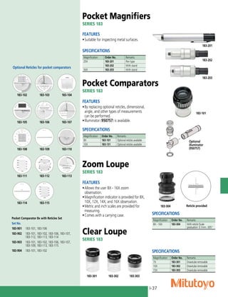 I-37
SPECIFICATIONS
Magnification Order No. Remarks
25X 183-201 Pen type
183-202 With stand
50X 183-203 With stand
Pocket Magnifiers
SERIES 183
FEATURES
•	Suitable for inspecting metal surfaces.
Zoom Loupe
SERIES 183
FEATURES
•	Allows the user 8X - 16X zoom
observation.
•	Magnification indicator is provided for 8X,
10X, 12X, 14X, and 16X observation.
•	Metric and inch scales are provided for
measuring.
•	Comes with a carrying case.
Pocket Comparators
SERIES 183
183-304 Reticle provided
FEATURES
•	By replacing optional reticles, dimensional,
angle, and other types of measurements
can be performed.
•	Illuminator (950757) is available.
Clear Loupe
SERIES 183
SPECIFICATIONS
Magnification Order No. Remarks
8X - 16X 183-304 With reticle (Scale
graduation: 0.1mm, .005"
Optional
illuminator
(950757)
183-101
SPECIFICATIONS
Magnification Order No. Remarks
8X 183-101 Optional reticles available
10X 183-131 Optional reticles available
183-301 183-302 183-303
SPECIFICATIONS
Magnification Order No. Remarks
7X 183-301 Drawtube removable
10X 183-302 Drawtube removable
15X 183-303 Drawtube removable
Optional Reticles for pocket comparators
183-102 183-103 183-104
183-201
183-202
183-203
183-105 183-106 183-107
183-108 183-109 183-110
183-111 183-112 183-113
183-114 183-115
Pocket Comparator 8x with Reticles Set
Set No.
183-901	 183-101, 183-106
183-902	 183-101, 183-102, 183-106, 183-107, 	
	 183-112, 183-113, 183-114
183-903	 183-101, 183-102, 183-106, 183-107, 	
	 183-109, 183-113, 183-115
183-904	 183-101, 183-102
 