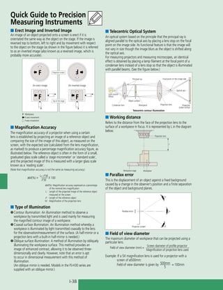 I-38
Quick Guide to Precision
Measuring Instruments
■ Erect Image and Inverted Image
An image of an object projected onto a screen is erect if it is
orientated the same way as the object on the stage. If the image is
reversed top to bottom, left to right and by movement with respect
to the object on the stage (as shown in the figure below) it is referred
to as an inverted image (also known as a reversed image, which is
probably more accurate).
■ Magnification Accuracy
The magnification accuracy of a projector when using a certain
lens is established by projecting an image of a reference object and
comparing the size of the image of this object, as measured on the
screen, with the expected size (calculated from the lens magnification,
as marked) to produce a percentage magnification accuracy figure, as
illustrated below. The reference object is often in the form of a small,
graduated glass scale called a `stage micrometer’ or `standard scale’,
and the projected image of this is measured with a larger glass scale
known as a `reading scale’.
(Note that magnification accuracy is not the same as measuring accuracy.)
■ Type of Illumination
●	Contour illumination: An illumination method to observe a
workpiece by transmitted light and is used mainly for measuring
the magnified contour image of a workpiece.
●	Coaxial surface illumination: An illumination method whereby a
workpiece is illuminated by light transmitted coaxially to the lens
for the observation/measurement of the surface. (A half-mirror or a
projection lens with a built-in half-mirror is needed.)
●	Oblique surface illumination: A method of illumination by obliquely
illuminating the workpiece surface. This method provides an
image of enhanced contrast, allowing it to be observed three-
dimensionally and clearly. However, note that an error is apt
to occur in dimensional measurement with this method of
illumination.
	 (An oblique mirror is needed. Models in the PJ-H30 series are
supplied with an oblique mirror.)
■ Telecentric Optical System
An optical system based on the principle that the principal ray is
aligned parallel to the optical axis by placing a lens stop on the focal
point on the image side. Its functional feature is that the image will
not vary in size though the image blurs as the object is shifted along
the optical axis.
For measuring projectors and measuring microscopes, an identical
effect is obtained by placing a lamp filament at the focal point of a
condenser lens instead of a lens stop so that the object is illuminated
with parallel beams. (See the figure below.)
■ Working distance
Refers to the distance from the face of the projection lens to the
surface of a workpiece in focus. It is represented by L in the diagram
below.
■ Parallax error
This is the displacement of an object against a fixed background
caused by a change in the observer's position and a finite separation
of the object and background planes.
■ Field of view diameter
The maximum diameter of workpiece that can be projected using a
particular lens.
ΔM(%): Magnification accuracy expressed as a percentage
of the nominal lens magnification
L :	 Length of the projected image of the reference object
measured on the screen
:	 Length of the reference object
M:	 Magnification of the projection lens
Optical axis
Projection lens
Focal point on the image side
Telecentric contour illumination
Condenser lens Workpiece Projection
screen surface
Principal ray
Object surface
Light source
(lamp)
Parallax error
Projector screen
Projection lens
Workpiece stage Workpiece
L
F
F
An erect image
F
F
An inverted image
Projection screen
Top of the stage
F Workpiece
X-axis movement
Y-axis movement
Example: If a 5X magnification lens is used for a projector with a
screen of ø500mm:
	 Field of view diameter is given by 500mm 	= 100mm
		 5	
Field of view diameter (mm) =
Screen diameter of profile projector
	 Magnification of projection lens used
		 L− M
ΔM(%) = —
—
— X 100
		 M
 