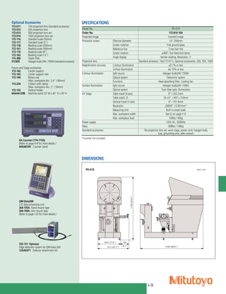 I-9
110
(4”)
935
(37”)
1138 (44.8”)
1170
(46.06”)
460 (18”)
424 (16.7”)
460 (18.1”)
18
(.7”)
321 (12.6”) 540 (21.2”)
906 (35.7”)
1240 (48.8”)
612 (24.1”)
158
454 (17.9”)
1158
(45.6”)
(6.2”)
Optional Accessories
172-011:	 10X projection lens (standard accessory)
172-012:	 20X projection lens
172-013:	 50X projection lens set
172-014:	 100X projection lens set
172-116:	 Standard scale (50mm)
172-117:	 Standard scale (2")
172-118:	 Reading scale (200mm)
172-161:	 Reading scale (300mm)
172-119:	 Reading scale (8")
172-162:	 Reading scale (12")
172-286:	 Green filter
512305:	 Halogenbulb(24V,150W)(standardaccessory)
Fixture and Stage accessories
172-142:	 Center support
172-143:	 Center support riser
172-144:	 Rotary vise
	 (Max. workpiece dia.: 2.4" / 60mm)
172-234:	 V-block with clamp
	 (Max. workpiece dia.: 2" / 50mm)
172-132:	 Vertical holder
64AAA129B:	 Machine stand 23"W x 45" D x 20"H
PH-A14
KA Counter (174-173A)
(Refer to page H-8 for more details.)
64AAB149:	 Counter stand
QM-Data200
2-D data processing unit.
264-155A: Stand mount type
264-156A: Arm mount type
(Refer to page I-23 for more details.)
332-151: Optoeye
Edge detection system for QM-Data 200
12AAE671:	 Detector attachment (A)
DIMENSIONS
Unit: mm
SPECIFICATIONS
Model No. PH-A14
Order No. 172-810-10A
Projected Image Inverted image
Protractor screen Effective diameter 14” /356mm
Screen material Fine ground glass
Reference line Cross hair line
Screen rotation ±360°, fine feed and clamp
Angle display Vernier reading, Resolution: 2’
Projection lens Standard accessory: 10x(172-011), Optional accessories: 20X, 50X, 100X
Magnification accuracy Contour illumination ±0.1% or less
Surface illumination ±0.15% or less
Contour illumination light source Halogen bulb(24V 150W)
Optical system Telecentric system
Functions Heat-absorbing filter, Cooling fan
Surface illumination
XY Stage
light source Halogen bulb(24V 150W)
Optical system Twin fiber optic illumination
Table travel (X-axis) 8” / 203.2mm
Table size(X, Z) 16 x 6” / 407 x 153mm
Vertical travel (Y-axis) 4” / 101.6mm
Resolution .00005” / 0.001mm*
Measuring Unit Built in Linear scale
Max. workpiece width See (L) on page I-12
Max. workpiece load 100lbs / 45kg
Power supply 120V AC, 50/60Hz
Mass 308lbs / 140kg
Standard accessories 10x projection lens set, work stage, power cord, halogen bulb,
fuse, grounding wire, allen wrench
*Counter not included
 