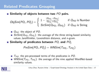 Related Predicates Grouping
   Similarity of objects between two PO pairs.
                                        |OPOi −OPOj |
                                 1−      OPOi +OPOj                 if OPO is Number
   ObjSim(POi , POj ) =
                                 StrSim(OPOi , OPOj ) if OPO is String

     OPO : the object of PO.
     StrSim(OPOi , OPOj ): the average of the three string-based similarity
     values JaroWinkler, Levenshtein distance, and n-gram.
   Similarity of predicates between POi and POj
             PreSim(POi , POj ) = WNSim(TPOi , TPOj )

     TPO : the pre-processed terms of the predicates in PO.
     WNSim(TPOi , TPOj ): the average of the nine applied WordNet-based
     similarity values.
                  Lihua Zhao, Ryutaro Ichise | Graph-based Ontology Analysis in the Linked Open Data | 17
 