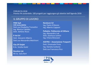 FORUM PA 2018
Premio PA sostenibile: 100 progetti per raggiungere gli obiettivi dell’Agenda 2030
IL GRUPPO DI LAVORO
FNM SpA
CSR‐Sostenibilità
Dott.ssa Elisabetta Tromellini
Ing. Monica Cabiddu
Dott. Stefano Rossi
E‐Vai Srl
Dott. Giovanni Alberio
Dott.ssa Alessandra Melchioni
City Of Osijek
B.Sc. Srećko Kukić
Dyvolve Ltd.
Mr.Sc. Saša Bart
Nordcom Srl
Ing. Paolo d’Alessio
Ing. Alberto Capponi
Poliedra‐ Politecnico di Milano
Ing. Alessandro Luè
Dott. Gianluca Lentini
Ing. Chiara Bresciani
ASSTRA – Associazione Trasporti
Dott. Emanuele Proia
Ing. Daniela Carbone
Dott.ssa Francesca Pico
 