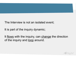 The Interview is not an isolated event;
It is part of the inquiry dynamic;
It flows with the inquiry, can change the direction
of the inquiry and loop around.
 