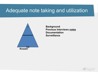 Adequate note taking and utilization
99
1
Known
Background
Previous Interviews notes
Documentation
Surveillance
 