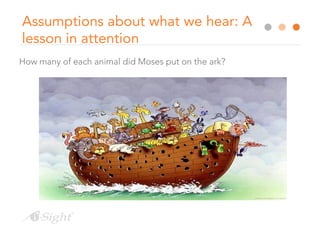 Assumptions about what we hear: A
lesson in attention
How many of each animal did Moses put on the ark?
 