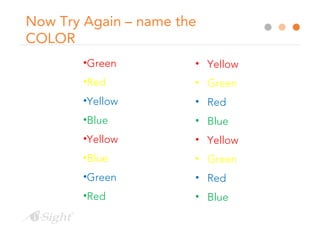 Now Try Again – name the
COLOR
•Green
•Red
•Yellow
•Blue
•Yellow
•Blue
•Green
•Red
• Yellow
• Green
• Red
• Blue
• Yellow
• Green
• Red
• Blue
 