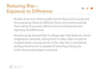 Reducing Bias –
Exposure to Difference
Studies show that infants prefer familiar faces and sounds and
that exposing infants to different faces and accents extends
there ability to process different faces and expands their
repertory of preferences.
Another study showed that if college age individuals do a brief
imagination exercises, asking them to take a few minutes to
imagine what a strong woman is like, why she is considered
strong and what she is capable of and enjoys doing the
male=strong stereotype is reduced.
 