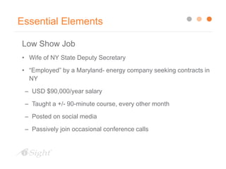 Essential Elements
Low Show Job
• Wife of NY State Deputy Secretary
• “Employed” by a Maryland- energy company seeking contracts in
NY
– USD $90,000/year salary
– Taught a +/- 90-minute course, every other month
– Posted on social media
– Passively join occasional conference calls
 