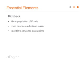 Essential Elements
Kickback
• Misappropriation of Funds
• Used to enrich a decision maker
• In order to influence an outcome
 