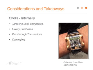 Considerations and Takeaways
Shells - Internally
• Targeting Shell Companies
• Luxury Purchases
• Passthrough Transactions
• Comingling
Cabestan Luna Nera
USD $225,000
 