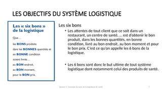 Session 1: Concepts de base de la logistique de santé 7
LES OBJECTIFS DU SYSTÈME LOGISTIQUE
Les six bons
• Les attentes de tout client que ce soit dans un
restaurant, un centre de santé, … est d’obtenir le bon
produit, dans les bonnes quantités, en bonne
condition, livré au bon endroit, au bon moment et pour
le bon prix. C’est ce qu’on appelle les 6 bons de la
logistique.
• Les 6 bons sont donc le but ultime de tout système
logistique dont notamment celui des produits de santé.
 