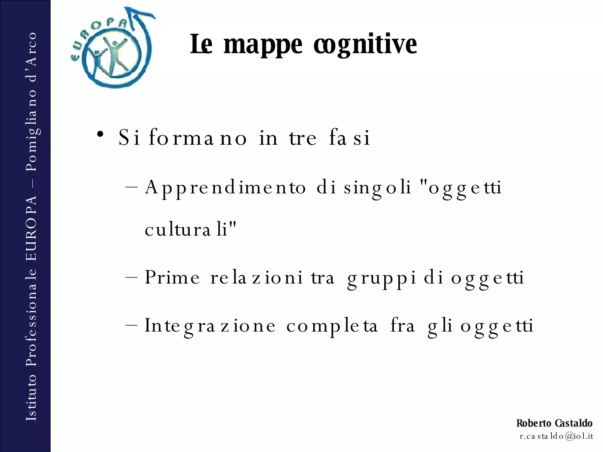 Si formano in tre fasi Apprendimento di singoli &quot;oggetti culturali&quot;  Prime relazioni tra gruppi di oggetti Integrazione completa fra gli oggetti Le mappe cognitive 