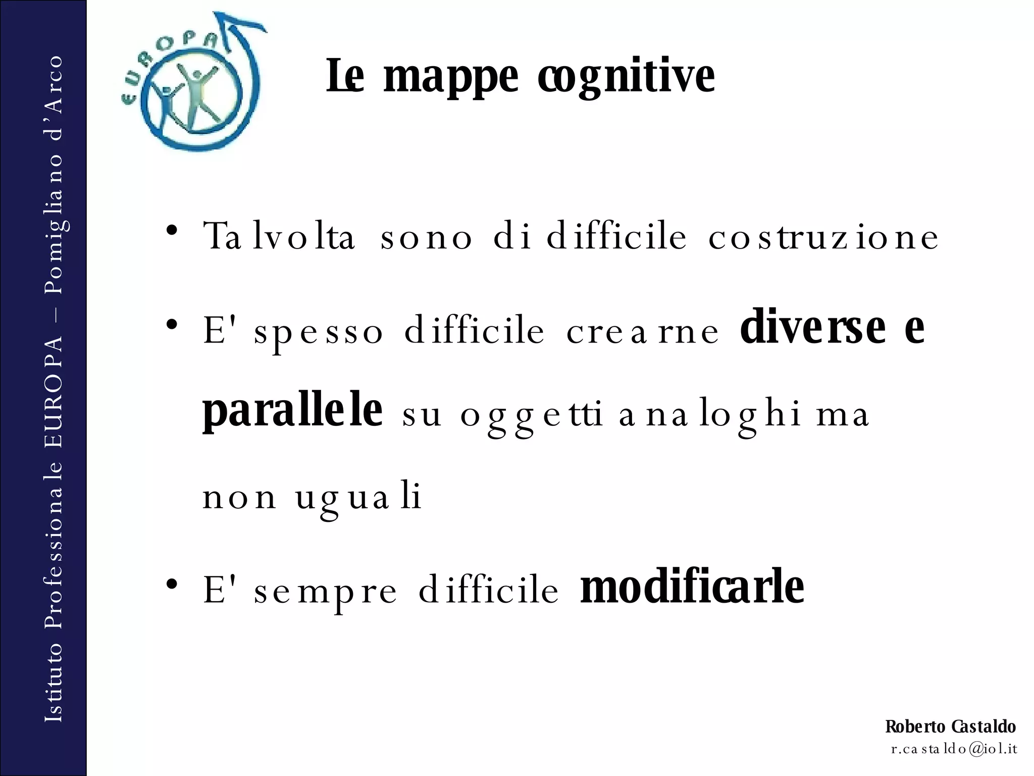 Talvolta sono di difficile costruzione E' spesso difficile crearne  diverse e parallele  su oggetti analoghi ma non uguali E' sempre difficile  modificarle Le mappe cognitive 