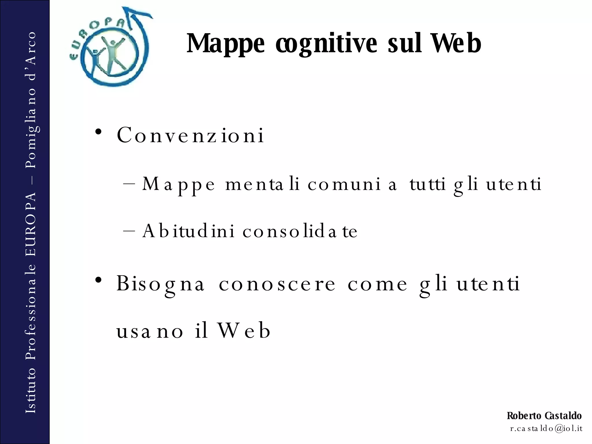 Convenzioni Mappe mentali comuni a tutti gli utenti Abitudini consolidate Bisogna conoscere come gli utenti usano il Web Mappe cognitive sul Web 