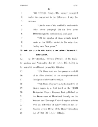 MDM13048                                                    S.L.C.

                                  12
 1             ‘‘(2) UNUSED     VISAS.—The    number computed
 2         under this paragraph is the difference, if any, be-
 3         tween—
 4                   ‘‘(A) the sum of the worldwide levels estab-
 5             lished under paragraph (1) for fiscal years
 6             1992 through the current fiscal year; and
 7                   ‘‘(B) the number of visas actually issued
 8             under section 203(b), subject to this subsection,
 9             during such fiscal years.’’.
10   SEC. 303. ALIENS NOT SUBJECT TO DIRECT NUMERICAL

11                  LIMITATION.

12         (a) IN GENERAL.—Section 201(b)(1) of the Immi-
13 gration and Nationality Act (8 U.S.C. 1151(b)(1)) is
14 amended by adding at the end the following:
15                   ‘‘(F) Aliens who are the spouse or a child
16             of an alien admitted as an employment-based
17             immigrant under section 203(b).
18                   ‘‘(G) Aliens who have earned a master’s or
19             higher degree in a field listed on the STEM
20             Designated Degree Program List published by
21             the Department of Homeland Security on the
22             Student and Exchange Visitor Program website
23             from an institution of higher education (as de-
24             fined in section 101(a) of the Higher Education
25             Act of 1965 (20 U.S.C. 1001(a))).
 