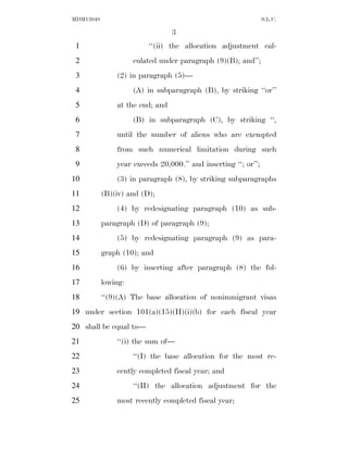 MDM13048                                                        S.L.C.

                                 3
 1                       ‘‘(ii) the allocation adjustment cal-
 2                   culated under paragraph (9)(B); and’’;
 3             (2) in paragraph (5)—
 4                   (A) in subparagraph (B), by striking ‘‘or’’
 5             at the end; and
 6                   (B) in subparagraph (C), by striking ‘‘,
 7             until the number of aliens who are exempted
 8             from such numerical limitation during such
 9             year exceeds 20,000.’’ and inserting ‘‘; or’’;
10             (3) in paragraph (8), by striking subparagraphs
11         (B)(iv) and (D);
12             (4) by redesignating paragraph (10) as sub-
13         paragraph (D) of paragraph (9);
14             (5) by redesignating paragraph (9) as para-
15         graph (10); and
16             (6) by inserting after paragraph (8) the fol-
17         lowing:
18         ‘‘(9)(A) The base allocation of nonimmigrant visas
19 under section 101(a)(15)(H)(i)(b) for each fiscal year
20 shall be equal to—
21             ‘‘(i) the sum of—
22                   ‘‘(I) the base allocation for the most re-
23             cently completed fiscal year; and
24                   ‘‘(II) the allocation adjustment for the
25             most recently completed fiscal year;
 