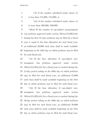 MDM13048                                                    S.L.C.

                                 4
 1             ‘‘(ii) if the number calculated under clause (i)
 2         is less than 115,000, 115,000; or
 3             ‘‘(iii) if the number calculated under clause (i)
 4         is more than 300,000, 300,000.
 5         ‘‘(B)(i) If the number of cap-subject nonimmigrant
 6 visa petitions approved under section 101(a)(15)(H)(i)(b)
 7 during the first 45 days petitions may be filed for a fiscal
 8 year is equal to the base allocation for such fiscal year,
 9 an additional 20,000 such visas shall be made available
10 beginning on the 46th day on which petitions may be filed
11 for such fiscal year.
12         ‘‘(ii) If the base allocation of cap-subject non-
13 immigrant       visa    petitions   approved   under   section
14 101(a)(15)(H)(i)(b) for a fiscal year is reached during the
15 15-day period ending on the 60th day on which petitions
16 may be filed for such fiscal year, an additional 15,000
17 such visas shall be made available beginning on the 61st
18 day on which petitions may be filed for such fiscal year.
19         ‘‘(iii) If the base allocation of cap-subject non-
20 immigrant       visa    petitions   approved   under   section
21 101(a)(15)(H)(i)(b) for a fiscal year is reached during the
22 30-day period ending on the 90th day on which petitions
23 may be filed for such fiscal year, an additional 10,000
24 such visas shall be made available beginning on the 91st
25 day on which petitions may be filed for such fiscal year.
 