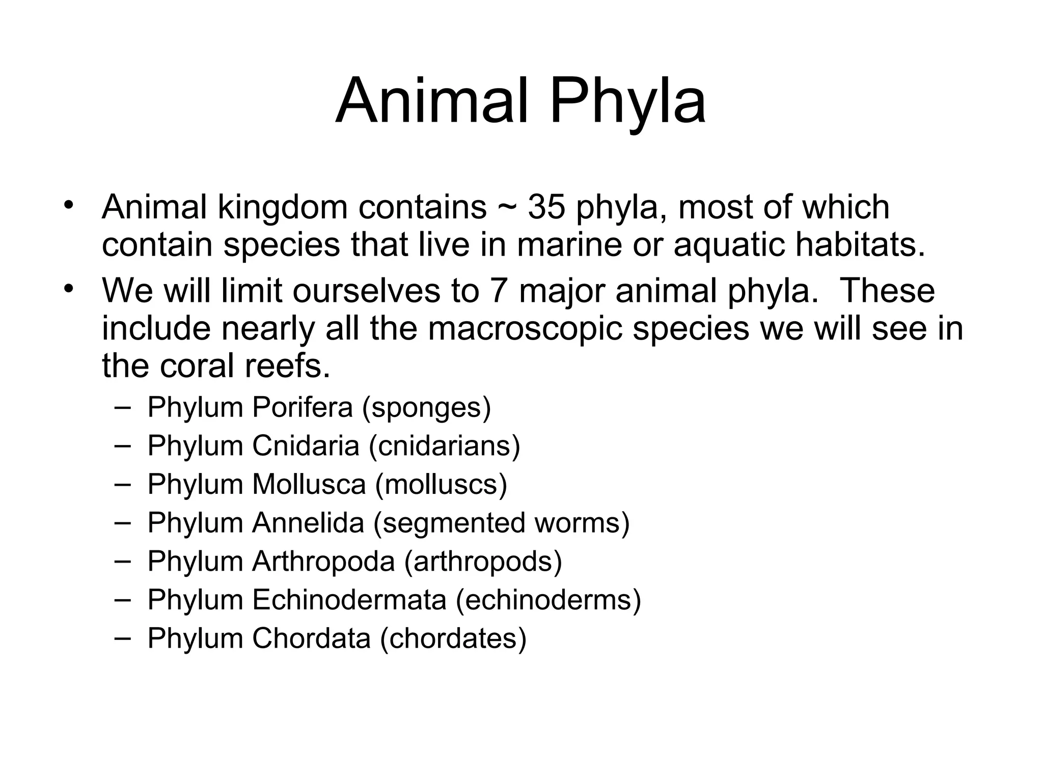 Animal Phyla Animal kingdom contains ~ 35 phyla, most of which contain species that live in marine or aquatic habitats. We will limit ourselves to 7 major animal phyla.  These include nearly all the macroscopic species we will see in the coral reefs. Phylum Porifera (sponges) Phylum Cnidaria (cnidarians) Phylum Mollusca (molluscs) Phylum Annelida (segmented worms) Phylum Arthropoda (arthropods) Phylum Echinodermata (echinoderms) Phylum Chordata (chordates) 