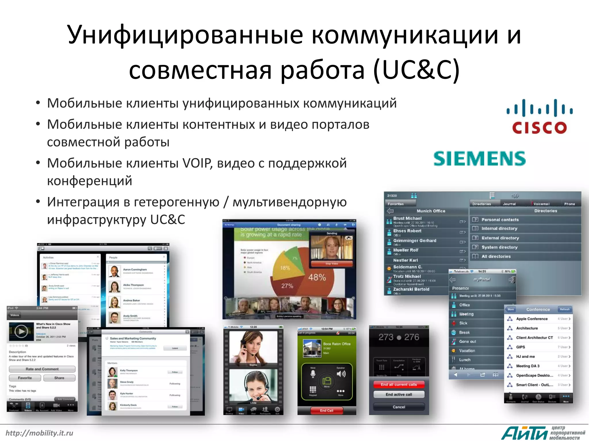 Унифицированные коммуникации и
                       совместная работа (UC&C)
         • Мобильные клиенты унифицированных коммуникаций
         • Мобильные клиенты контентных и видео порталов
           совместной работы
         • Мобильные клиенты VOIP, видео с поддержкой
           конференций
         • Интеграция в гетерогенную / мультивендорную
           инфраструктуру UC&C




http://mobility.it.ru
 