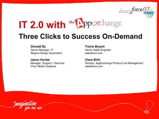 IT 2.0 with  Three Clicks to Success On-Demand Jason Hunter Manager, Support + Services Vicon Motion Systems Clara Shih Director, AppExchange Product Line Management salesforce.com Donald Dy Senior Manager, IT Magma Design Automation Travis Bryant Senior Sales Engineer salesforce.com 