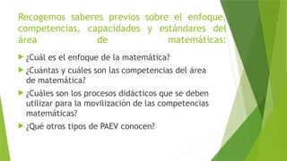 Recogemos saberes previos sobre el enfoque,
competencias, capacidades y estándares del
área de matemáticas:
 ¿Cuál es el enfoque de la matemática?
 ¿Cuántas y cuáles son las competencias del área
de matemática?
 ¿Cuáles son los procesos didácticos que se deben
utilizar para la movilización de las competencias
matemáticas?
 ¿Qué otros tipos de PAEV conocen?
 