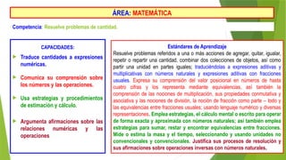 ÁREA: MATEMÁTICA
Competencia: Resuelve problemas de cantidad.
CAPACIDADES:
 Traduce cantidades a expresiones
numéricas.
 Comunica su comprensión sobre
los números y las operaciones.
 Usa estrategias y procedimientos
de estimación y cálculo.
 Argumenta afirmaciones sobre las
relaciones numéricas y las
operaciones
Estándares de Aprendizaje
Resuelve problemas referidos a una o más acciones de agregar, quitar, igualar,
repetir o repartir una cantidad, combinar dos colecciones de objetos, así como
partir una unidad en partes iguales; traduciéndolas a expresiones aditivas y
multiplicativas con números naturales y expresiones aditivas con fracciones
usuales. Expresa su comprensión del valor posicional en números de hasta
cuatro cifras y los representa mediante equivalencias, así también la
comprensión de las nociones de multiplicación, sus propiedades conmutativa y
asociativa y las nociones de división, la noción de fracción como parte – todo y
las equivalencias entre fracciones usuales; usando lenguaje numérico y diversas
representaciones. Emplea estrategias, el cálculo mental o escrito para operar
de forma exacta y aproximada con números naturales; así también emplea
estrategias para sumar, restar y encontrar equivalencias entre fracciones.
Mide o estima la masa y el tiempo, seleccionando y usando unidades no
convencionales y convencionales. Justifica sus procesos de resolución y
sus afirmaciones sobre operaciones inversas con números naturales.
 