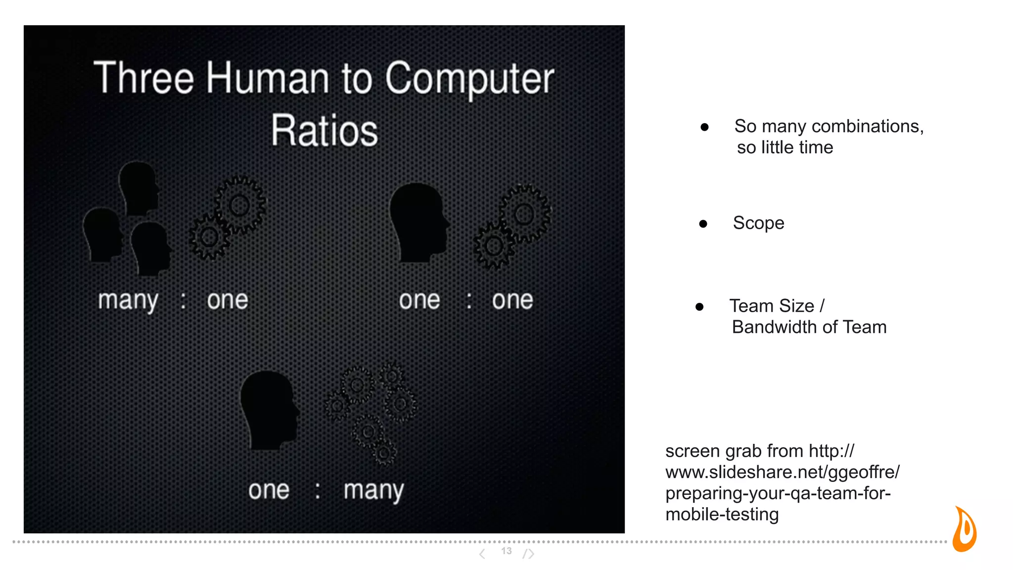 Challenges
13
● So many combinations,
so little time
● Scope
● Team Size /
Bandwidth of Team
screen grab from http://
www.slideshare.net/ggeoffre/
preparing-your-qa-team-for-
mobile-testing
 