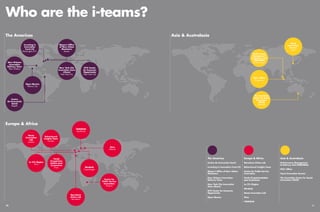 Who are the i-teams? 
The Americas Asia & Australasia 
The Americas 
Centro de Innovación Social 
Investing in Innovation Fund (i3) 
Mayor’s Office of New Urban 
Mechanics 
New Orleans Innovation 
Delivery Team 
New York City Innovation 
Zone (iZone) 
NYC Center for Economic 
Opportunity 
Open Mexico 
Performance 
Management 
& Delivery Unit 
(PEMANDU) 
Kuala Lumpur 
PS21 Office 
Singapore 
Europe & Africa 
Barcelona Urban Lab 
Behavioural Insights Team 
Centre for Public Service 
Innovation 
Fonds d’expérimentation 
pour la jeunesse 
La 27e Région 
MindLab 
Nesta Innovation Lab 
Sitra 
VINNOVA 
Asia & Australasia 
Performance Management 
& Delivery Unit (PEMANDU) 
PS21 Office 
Seoul Innovation Bureau 
The Australian Centre for Social 
Innovation (TACSI) 
Investing in 
Innovation 
Fund (i3) 
Washington D.C. 
Centro 
de Innovación 
Social 
Bogotá 
Barcelona 
Urban Lab 
Barcelona 
MindLab 
Copenhagen 
Open Mexico 
Mexico City 
La 27e Région 
Paris 
Mayor’s Office 
of New Urban 
Mechanics 
Boston 
NYC Center 
for Economic 
Opportunity 
New York City 
Seoul 
Innovation 
Bureau 
Seoul 
New York City 
Innovation Zone 
(iZone) 
New York City 
Centre for 
Public Service 
Innovation 
Pretoria 
VINNOVA 
Stockholm 
Sitra 
Helsinki 
Behavioural 
Insights Team 
London 
Fonds 
d’expérime-ntation 
pour 
la jeunesse 
Paris 
Nesta 
Innovation 
Lab 
London 
New Orleans 
Innovation 
Delivery Team 
New Orleans 
Europe & Africa 
The Australian 
Centre for Social 
Innovation 
(TACSI) 
Adelaide 
10 11 
 