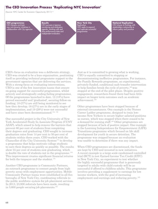 The CEO Innovation Process ’Replicating NYC Innovation‘ 
(Source: NYC Center for Economic Opportunity 2011)174 
CEO programmes 
CEO designs and tests 
new anti-poverty initiatives in 
collaboration with City agencies 
Results 
CEO pursues a rigorous 
monitoring and evaluation 
agenda, working with real 
time performance data and 
independent evaluators 
New York City 
Replication 
CEO seeks to expand 
and replicate successful 
programmes 
National Replication 
CEO shares its findings with 
stakeholders nationwide to 
inform policy and practice 
CEO’s focus on evaluation was a deliberate strategy. 
CEO was created to be a lean organisation, positioning 
itself as providing technical programme support to the 
government agencies that are delivering the services. 
With a strong focus on evaluating interventions, 
CEO is one of the few innovation teams that ensure 
on-going support for successful programmes, whilst 
actively and strategically ending failing programmes. 
Of the programmes launched to date, 12 (18%) have 
proved successful and ‘graduated’, securing follow-on 
funding; 18 (27%) are still being monitored to see 
how they develop; 18 (27%) are in the early stages of 
implementation, and 19 (28%) were not successful 
and have since been decommissioned.175, 176 
One successful project is the City University of New 
York Accelerated Study In Associate Program (CUNY 
ASAP), which aimed to help remove the barriers that 
prevent 80 per cent of students from completing 
their degrees and graduating. CEO sought to increase 
graduation rates from 14 per cent to 50 per cent of 
students within three years. CEO worked with the 
Chancellor of the City University System177 to develop 
a programme that helps motivate college students 
to earn their degrees as quickly as possible. The results 
show 55 per cent of students now graduating, which 
is double the rate of students not in the programme.178 
This improvement creates significant financial returns 
for both the taxpayer and the student.179 
Another CEO programme is Community Partners, 
an outreach programme to connect people from high 
poverty areas with employment opportunities. Mobile 
Community Partner teams were established in all five 
boroughs of New York City, coordinating referrals to 
the public workforce system for job placement services. 
In 2013, 23,000 referrals have been made, resulting 
in 3,600 people securing job placements.181 
Just as it is committed to growing what is working, 
CEO is equally committed to stopping or 
decommissioning ineffective programmes. For instance, 
the Family Rewards programme, an experimental, 
privately-funded, conditional cash transfer intervention 
to help families break the cycle of poverty,182 was 
stopped at the end of the pilot phase. Despite positive 
engagement, researchers found there had been little 
impact on longer term outcomes such as academic 
achievement.183 
Other programmes have been stopped because of 
external circumstances. One example is the Nurses 
Career Ladder programme, designed to train low-income 
New Yorkers to secure higher salaried positions 
as nurses, which was stopped when there ceased to be 
a demand for nursing staff.184 Other programmes are 
stopped because of lack of positive impact. One example 
is the Learning Independence for Empowerment (LIFE) 
Transitions programme which focused on life skill 
development for youth in secure detention. The 
programme was stopped because an evaluation 
was unable to determine if there was any impact. 
When CEO programmes are discontinued, the funds 
are kept by CEO and invested in new initiatives. 
A recent example is a large scale randomised controlled 
trial (RCT) to test Earned Income Tax Credit (EITC) 
in New York City, an experiment to test whether 
the highly successful programme that is generously 
targeted to adults with child custody will be as 
successful if offered to childless adults. This programme 
involves providing a supplement to earnings for low 
income workers, with the goal of increasing 
employment and earnings and reducing poverty.185 
68 
 