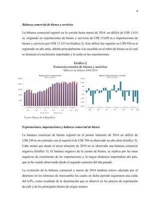 4 
Gráfico 2 
Comercio exterior de bienes y servicios 
Millones de dólares 2008-2014 
0 
4,000 
8,000 
12,000 
16,000 
20,000 
I II III IV I II III IV I II III IV I II III IV I II III IV I II III IV I 
2008 2009 2010 2011 2012 2013 2014 
Exportaciones e importaciones 
Millones de dólares 
Exportaciones Importaciones 
-2,000 
-1,500 
-1,000 
-500 
0 
500 
1,000 
1,500 
I II III IV I II III IV I II III IV I II III IV I II III IV I II III IV I 
2008 2009 2010 2011 2012 2013 2014 
Balanza Comercial bienes y servicios 
Millones de dólares 
Balanza comercial de bienes y servicios 
La balanza comercial registró en lo corrido hasta marzo de 2014, un déficit de US$ 1,614 
m, originado en exportaciones de bienes y servicios de US$ 15,699 m e importaciones de 
bienes y servicios por US$ 17,313 m (Gráfico 2). Este déficit fue superior en US$ 936 m al 
registrado un año atrás, debido principalmente a lo sucedido en el rubro de bienes en el cual 
se destacan el crecimiento importador y la caída en las exportaciones. 
Exportaciones, importaciones y balanza comercial de bienes 
La balanza comercial de bienes registró en el primer trimestre de 2014 un déficit de 
US$ 249 m en contraste con el superávit de US$ 708 m observado un año atrás (Gráfico 3). 
Cabe anotar que desde el tercer trimestre de 2010 no se observaba una balanza comercial 
negativa (Gráfico 3). El balance negativo de la cuenta de bienes, se explica por las tasas 
negativas de crecimiento de las exportaciones y la mayor dinámica importadora del país, 
que se ha venido observando desde el segundo semestre del año pasado. 
La evolución de la balanza comercial a marzo de 2014 también estuvo afectada por el 
deterioro en los términos de intercambio los cuales en dicho período registraron una caída 
del 6,9%, como resultado de la disminución que se observó en los precios de exportación 
de café y de los principales bienes de origen minero. 
Fuente: Banco de la República. 
 