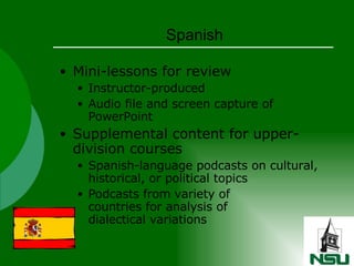 Spanish Mini-lessons for review Instructor-produced Audio file and screen capture of PowerPoint Supplemental content for upper-division courses Spanish-language podcasts on cultural, historical, or political topics Podcasts from variety of  countries for analysis of  dialectical variations 