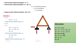 • External static indeterminacy(Dse) = re – 3
• Internal static indeterminacy(Dsi) = m – (2j – 3)
re = no. of external reactions;
m = no. of members;
j = no. of joints;
• Degree of static indeterminacy(Ds) = Dse + Dsi
Example-1:
re = 3;
Dse = 3 – 3 = 0;
∴external static indeterminacy = 0
m = 3;
j = 3;
Dsi = m – (2j - 3);
Dsi = 3 – (2X3 – 3);
Dsi = 0;
∴internal static indeterminacy = 0;
Ds = Dse + Dsi
Ds = 0;
∴Degree of static indeterminacy = 0
Alternatively:
Ds = Dsi + Dse;
Ds = re – 3 + m – (2j - 3);
Ds = re – 3 + m – 2j + 3;
Ds = m + re -2j;
Ds = 3 + 3 – 2X3;
Ds = 6 – 6;
Ds = 0;
03-08-2020 vempati shiva
 