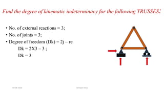 Find the degree of kinematic indeterminacy for the following TRUSSES:
• No. of external reactions = 3;
• No. of joints = 3;
• Degree of freedom (Dk) = 2j – re
Dk = 2X3 – 3 ;
Dk = 3
03-08-2020 vempati shiva
 