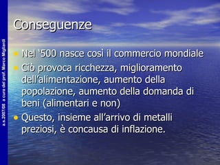 Conseguenze Nel ‘500 nasce così il commercio mondiale Ciò provoca ricchezza, miglioramento dell’alimentazione, aumento della popolazione, aumento della domanda di beni (alimentari e non) Questo, insieme all’arrivo di metalli preziosi, è concausa di inflazione. 