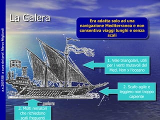 La Galera 1. Vele triangolari, utili per i venti mutevoli del Med. Non x l’oceano 2. Scafo agile e leggiero non troppo capiente 3. Molti rematori che richiedono scali frequenti Era adatta solo ad una navigazione Mediterranea e non consentiva viaggi lunghi e senza scali 