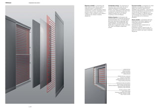 Risparmio sensibile. La temperatura del
fluido vettore è molto inferiore rispetto ai
tradizionali sistemi di riscaldamento e
condizionamento: questo permette di ridurre
notevolmente i consumi. Il benessere invece
aumenta, perché il calore ed il fresco si
irradiano in tutto l’ambiente, senza mettere in
circolazione aria, polvere e sostanze
allergeniche.
Considerable savings. The temperature of
the carrier fluid is much lower than that of
traditional heating and air-conditioning
systems. This allows a considerable reduction
in consumption. Well-being on the other hand
increases as the heat and coolness are
radiated throughout the room without
circulating air, dust and allergens.
Fühlbare Ersparnis. Die Temperatur des
Transportmediums ist wesentlich geringer als
bei konventionellen Heiz- und Kühlsystemen:
das bringt wesentliche Einsparungen beim
Energieverbrauch. Das Wohlbefinden aber
steigt, da Wärme und kühle Frische in den
ganzen Raum ausgestrahlt werden, ohne dass
Luft, Staub und Allergene aufgewirbelt
werden.
Économie sensible. La température du fluide
caloporteur est nettement inférieure par
rapport aux systèmes traditionnels de
chauffage et de climatisation : cela permet de
réduire considérablement les consommations.
Le bien-être par contre augmente, car la
chaleur et la fraîcheur se diffusent dans tout
l’environnement sans mettre en circulation
l’air, la poussière ou les substances
allergènes.
Ahorro sensible. La temperatura del fluido
transmisor es muy inferior respecto a los
tradicionales sistemas de calefacción
y acondicionamiento:
esto permite reducir notablemente los
consumos. En cambio,
el bienestar aumenta, porque el calor y la
frescura se irradian en todo el ambiente, sin
poner en circulación aire, polvo y sustancias
alergénicas.
Isolante termico
Thermal insulation
Isolation thermique
Thermische Isolierung
Aislante térmico
Diffusore termico in alluminio
Aluminium heat diffuser
Wärmeverteiler aus Aluminium
Diffuseur thermique en aluminium
Difusor térmico de aluminio
Distribuzione fluido termovettore
Thermal vector fluid distribution
VerteilungTransportmedium für Wärme/Umlaufwasser
Distribution fluide caloporteur
Distribución fluido transmisor
Pannello modulare in MDF
MDF modular panel
Modulares Plattenelement aus MDF
Panneau modulaire en MDF
Panel modular de MDF
p | 54
Integrated wall systemI-Wallspace
 