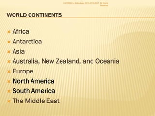  Africa
 Antarctica
 Asia
 Australia, New Zealand, and Oceania
 Europe
 North America
 South America
 The Middle East
I-WORLD A. Abdoullaev 2013-2015-2017 All Rights
Reserved
 