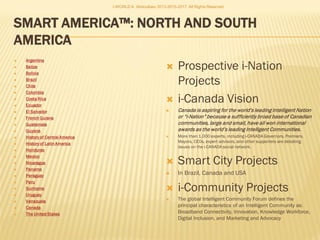  Argentina
 Belize
 Bolivia
 Brazil
 Chile
 Colombia
 Costa Rica
 Ecuador
 El Salvador
 French Guiana
 Guatemala
 Guyana
 History of Central America
 History of Latin America
 Honduras
 Mexico
 Nicaragua
 Panama
 Paraguay
 Peru
 Suriname
 Uruguay
 Venezuela
 Canada
 The United States
 Prospective i-Nation
Projects
 i-Canada Vision
 Canada is aspiring for the world’s leading
Intelligent Nation or “i-Nation” because a
sufficiently broad base of Canadian communities,
large and small, have all won international
awards as the world’s leading Intelligent
Communities.
 More than 1,000 experts, including i-CANADA Governors, Premiers,
Mayors, CEOs, expert advisors, and other supporters are debating
issues on the i-CANADA social network.
 Smart City Projects
 In Brazil, Canada and USA
 i-Community Projects
 The global Intelligent Community Forum defines the
principal characteristics of an Intelligent Community as:
Broadband Connectivity, Innovation, Knowledge Workforce,
Digital Inclusion, and Marketing and Advocacy
I-WORLD A. Abdoullaev 2013-2015-2017 All Rights
Reserved
 