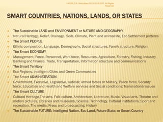  The Sustainable LAND and ENVIRONMENT or NATURE AND GEOGRAPHY
 Natural Heritage, Relief, Drainage, Soils, Climate, Plant and animal life, Eco Settlement patterns
 The Smart PEOPLE
 Ethnic composition, Language, Demography, Social structures, Family structure, Religion
 The Smart ECONOMY
 Management, Force, Personnel, Work force, Resources, Agriculture, Forestry, Fishing, Industry,
Banking and finance, Trade, Transportation, Information structure and communications
 The Smart Territory
 Eco Regions, Intelligent Cities and Green Communities
 The Smart ADMINISTRATION
 Government, Executive, Legislative, Judicial; Armed forces or Military, Police force, Security
force; Education and Health and Welfare services and Social conditions; Transnational issues
 The Smart CULTURE
 Cultural Heritage,The arts, Folk culture, Architecture, Literature, Music, Visual arts, Theatre and
motion pictures, Libraries and museums, Science, Technology, Cultural institutions, Sport and
recreation, The media, Press and broadcasting, History
 The Sustainable FUTURE: Intelligent Nation, Eco Land, Future State, or Smart
Country
I-WORLD A. Abdoullaev 2013-2015-2017 All Rights
Reserved
 