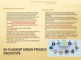 EUROPEAN SMART CITY PROTOTYPE
THE SMART ECOCITY
 At the recent Smart Cities and Communities
Communication Launch Event, 10 July 2012,
Sheraton Hotel: Place Rogier 3, 1210 Brussels, the
Smart City and Community Concept originated by us
for a specific green field locality in EU, Cyprus, has
been advanced by the European Commission as a
European Smart City Prototype for cities and
communities:
 1.
Smart Cities and Communities Communication Launch Event, 10 July 2012, Sheraton Hotel, Brussels
 2.
The Cyprus Presidency’s view on Smart Cities and Communities
 3. EU Smart Cities and Communities Prototype:
http://neapolis.com
 Abdoullaev, A., 2011, A Smart World: A Development
Model for Intelligent Cities. Keynote. The 11th IEEE
International Conference on Computer and
Information Technology;
http://www.cs.ucy.ac.cy/CIT2011/index.php?p=Keynotes
 A. Abdoullaev. Smart EcoCity™ (Intelligent EcoCity™),
ISBN 978-9963-9958-1-3, 2011, Cyprus, EU
 A. Abdoullaev. Neapolis Smart EcoCity, ISBN 978-
9963-9958-0-6,2011, Cyprus, EU
 CONCEPT: The Trinity City; Smart Eco City, Intelligent Green
City
 STRATEGY: The most innovative urban development
strategy, as integrating the Eco City Strategy, Digital City
Strategy and Knowledge City Strategy
 ARCHITECTURE: Integrated architecture of urban systems
and services to achieve a fully sustainable “New City” of
Eco-Intelligence
 OBJECTIVE: Prototype Model for European Smart City for
other cities and communities
 SMART TERRITORIES OF THE FUTURE: The EU Smart
Communities and Cities Prototype: 3.0 City, from Dumb to
Intelligent Cities.
 http://www.slideshare.net/ashabook/30-cityeu-prototype
 Replicating the concept, we are to transform the
metropolises and global cities according to the
Smart Eco Life Strategy to re-emerge as:
 Smart Eco London™; Smart Eco Paris™; Smart Eco Rome™;
Smart Eco Geneva™; Smart Eco Moscow™; Smart Eco
New York™; Smart Eco Dubai™ ; Smart Eco Tokyo™ - スマ
ートエコ東京 ; Smart Eco Shanghai™ 上海 ; Smart Eco
Taipei™ 臺北 ; Smart Eco Singapore™ 新加坡 ;Smart Eco
Hong Kong™ 香港 ; Smart Eco Shenzhen™ 深圳 , etc.
 http://eu-smartcities.eu/commitment/3089
I-WORLD A. Abdoullaev 2013-2015-2017 All
Rights Reserved
 